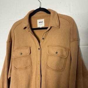 Aerie Waffle Knit Shacket Tan Brown Oversized Thermal Button Down Shirt Jacket S